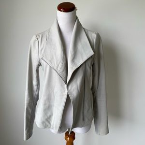 Vince Light Grey Leather Moto Jacket Small Asymmetrical Zip Knit Trim Biker Edgy